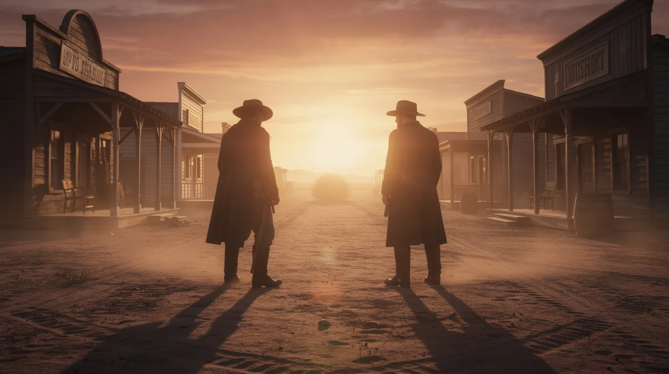 Zwei Silhouetten stehen sich in einer staubigen Westernstadt bei Sonnenuntergang gegenüber, während ihre langen Schatten auf dem sandigen Boden tanzen. Diese Szene erinnert an die epischen Filme von Sergio Leone und die unvergessliche Filmmusik von Ennio Morricone, die die Stimmung von "Once Upon a Time in the West" perfekt einfängt.