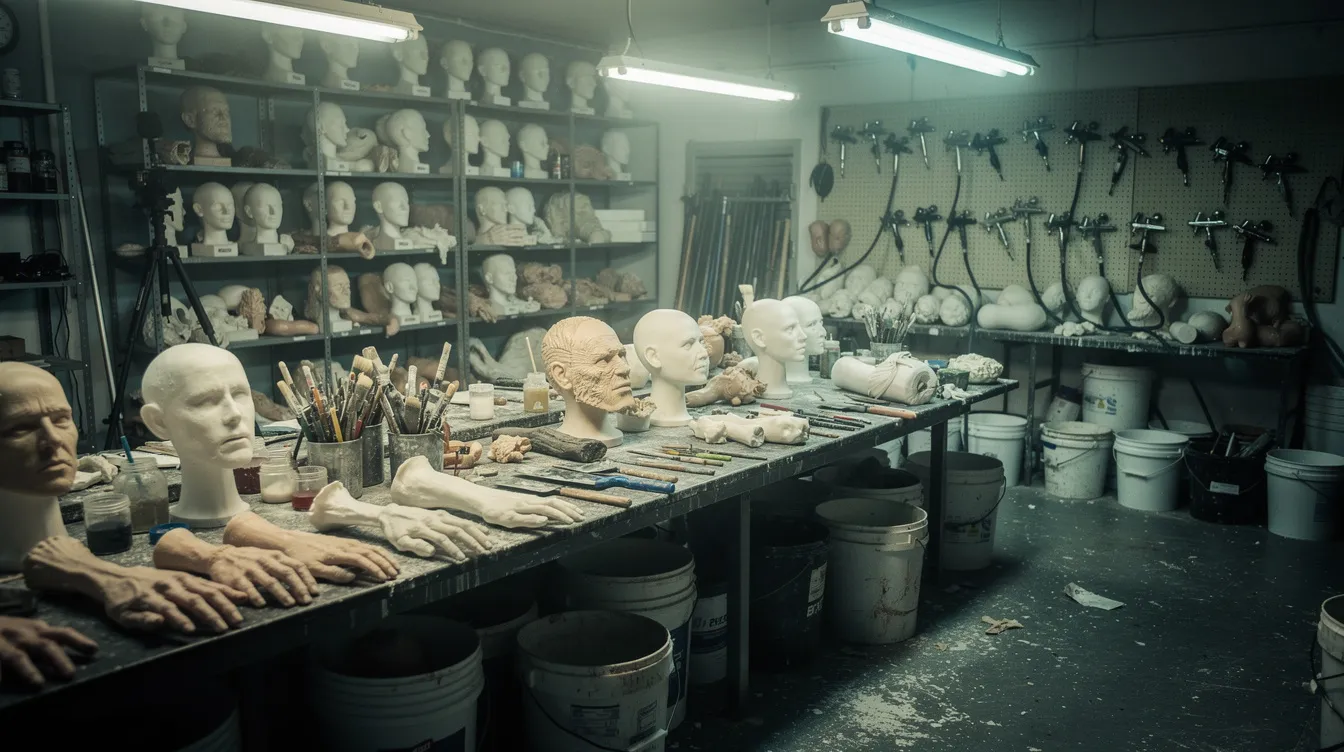 Die Bildbeschreibung zeigt eine Filmset-Werkstatt, in der Latexformen und Gipsabdrücke auf Arbeitstischen liegen, umgeben von Werkzeug. Grelles Neonlicht beleuchtet die Szenerie, die an die atmosphärischen Horrorfilme von John Carpenter erinnert, insbesondere an "The Thing".