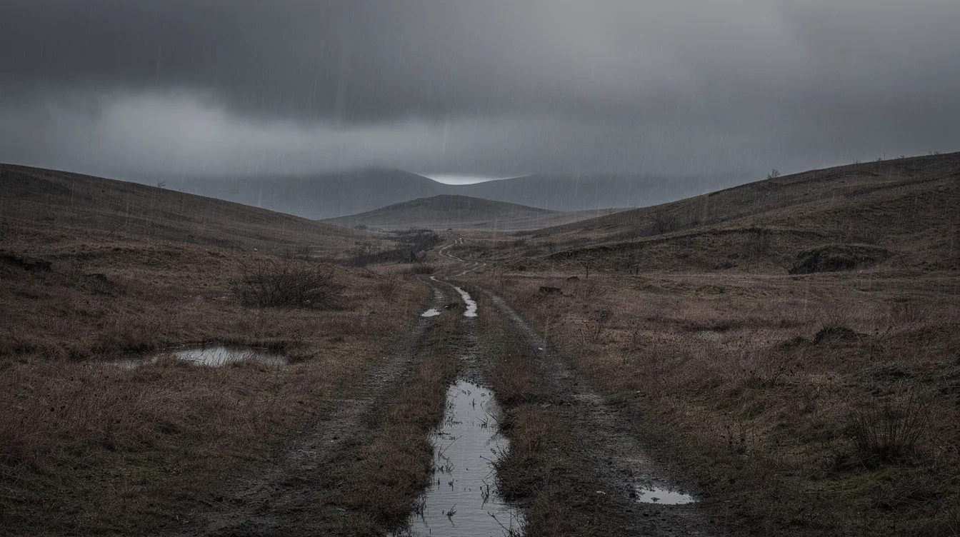 Die düstere, regnerische Landschaft zeigt kahle Hügel unter einem grau verhangenen Himmel. Ein einzelner Reiterpfad schlängelt sich durch das braune Gras, während keine menschliche Figur sichtbar ist, was die einsame und trostlose Atmosphäre verstärkt, die an die Stimmung klassischer Italo-Western erinnert.