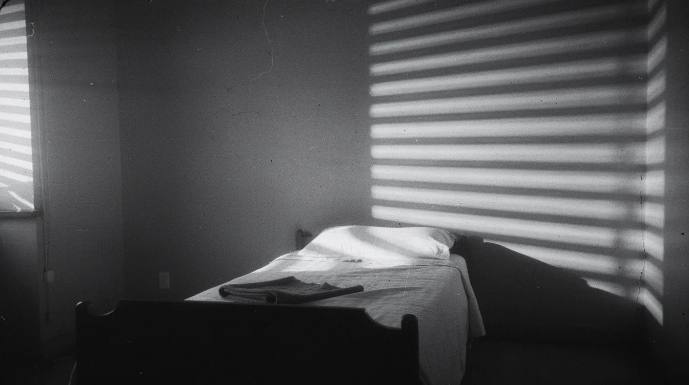 Die schwarz-weiße Filmszene zeigt dramatische Schatten eines Fensterrollos, die sich über eine Wand und ein Bett legen, und erinnert an den Stil klassischer Hitchcock-Filme der 1960er Jahre. Die Komposition erzeugt eine spannende Atmosphäre, die an die ikonischen Werke von Alfred Hitchcock und die Figuren wie Marion Crane und Norman Bates erinnert.