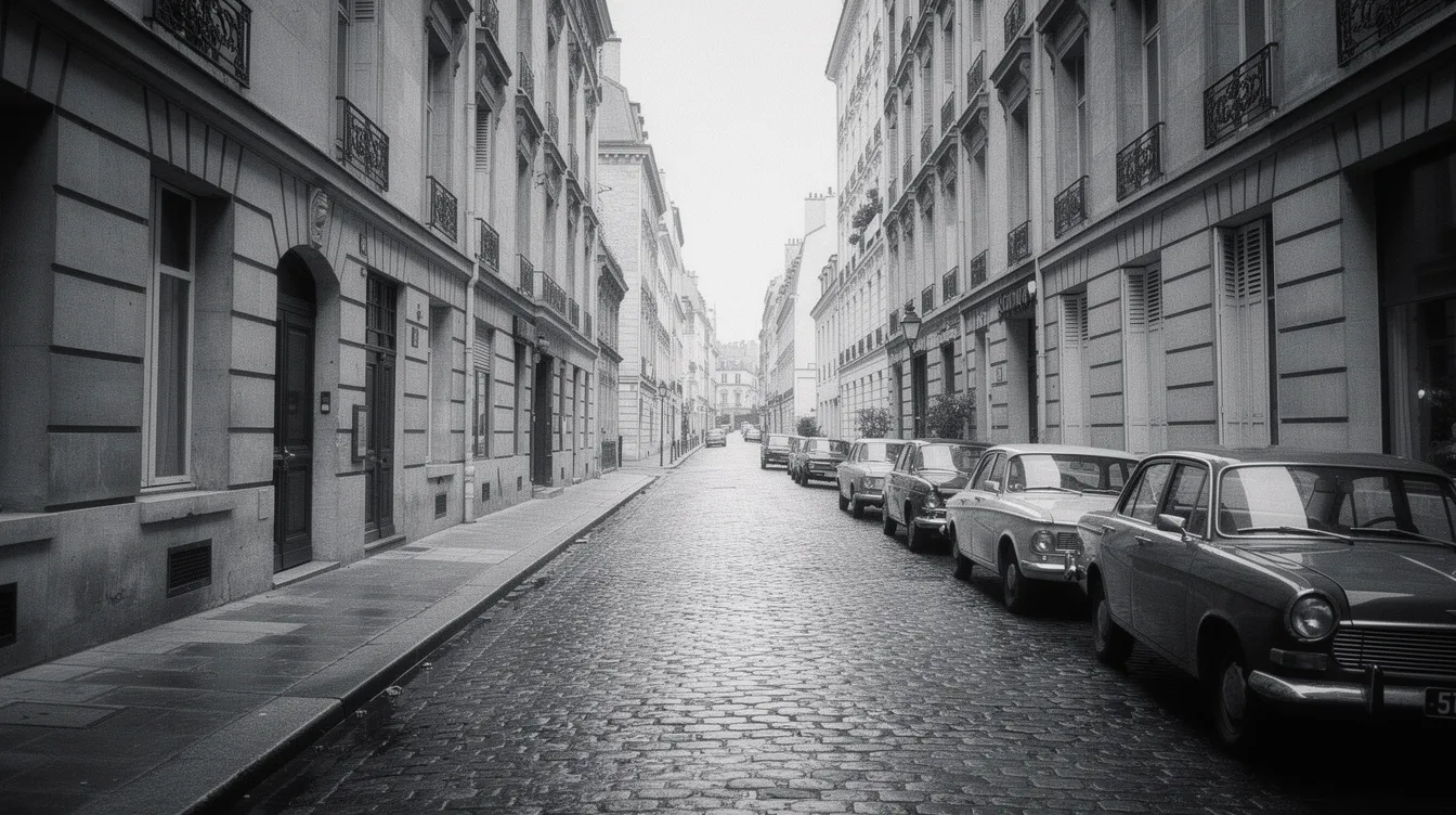 Ein Blick auf eine enge Pariser Seitenstraße mit Kopfsteinpflaster, gesäumt von eleganten Häusern im Haussmann-Stil, während Oldtimer aus den 1960er Jahren geparkt sind. Die Schwarzweißatmosphäre erinnert an die Filme der Nouvelle Vague, wie "À bout de souffle", und vermittelt ein nostalgisches Gefühl von Paris.