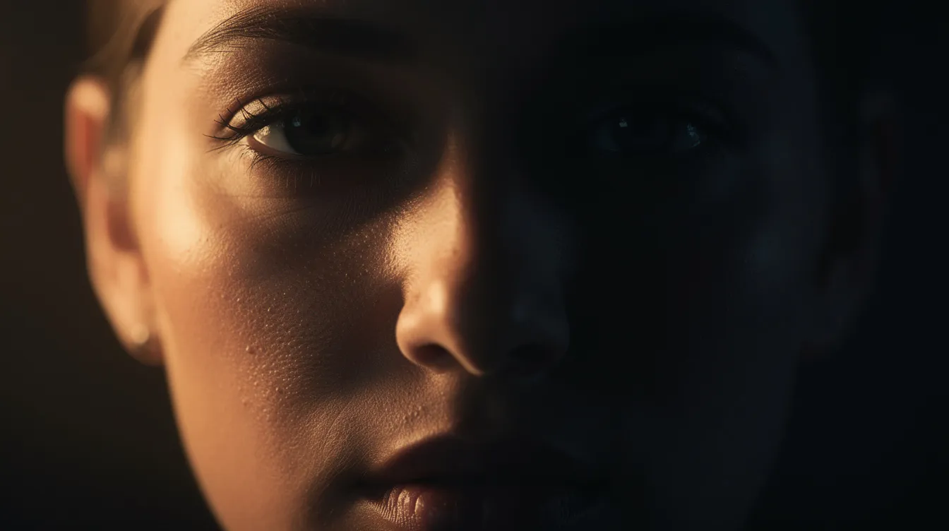 Die dramatische Nahaufnahme zeigt ein Gesicht, das zur Hälfte von warmem Licht erleuchtet wird, während die andere Hälfte im tiefen Schatten liegt. Diese Inszenierung erinnert an die filmische Ästhetik von Francis Ford Coppola und vermittelt eine intensive emotionale Stimmung, die häufig in Kriegsfilmen wie "Apocalypse Now" zu finden ist.