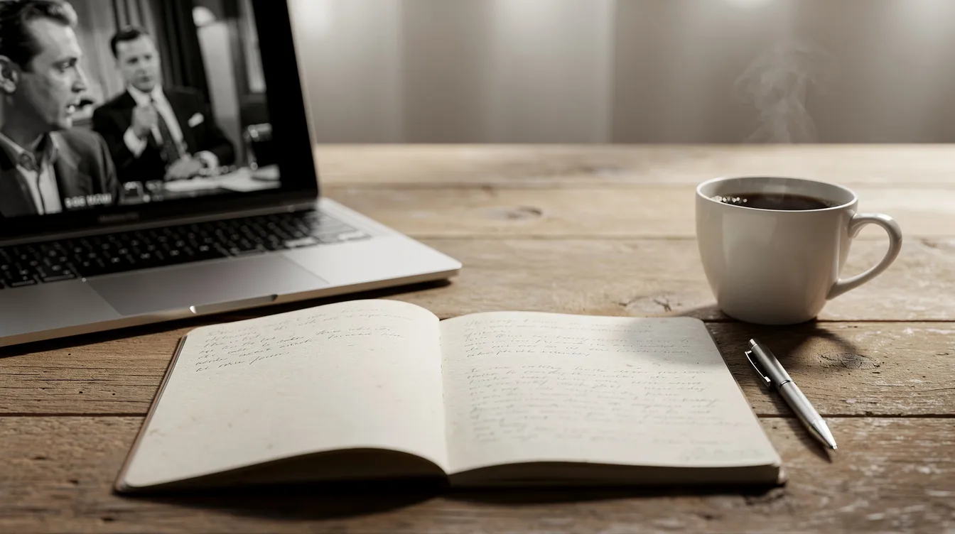 Das Bild zeigt ein aufgeschlagenes Notizbuch neben einem Laptop, dessen Bildschirm ein schwarzweißes Filmstandbild zeigt. Daneben liegen ein Stift und eine Tasse Kaffee, was auf eine kreative Auseinandersetzung mit Filmgeschichte und Medienwissenschaften hinweist.