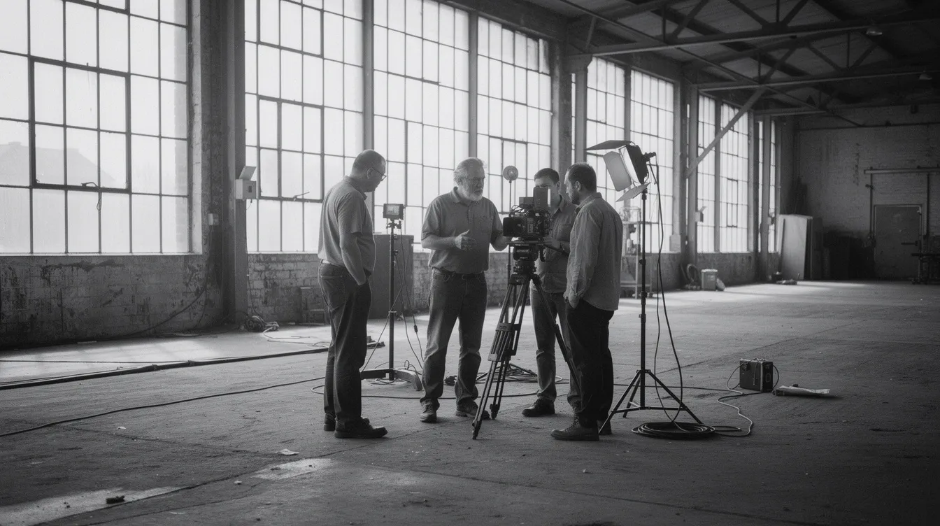 Ein Filmregisseur arbeitet konzentriert an einem Set in einem industriellen Gebäude, umgeben von einfacher Kameraausrüstung. Die Schwarzweißaufnahme vermittelt einen dokumentarischen Charakter und erinnert an die Atmosphäre von Klassikern wie "Reservoir Dogs".
