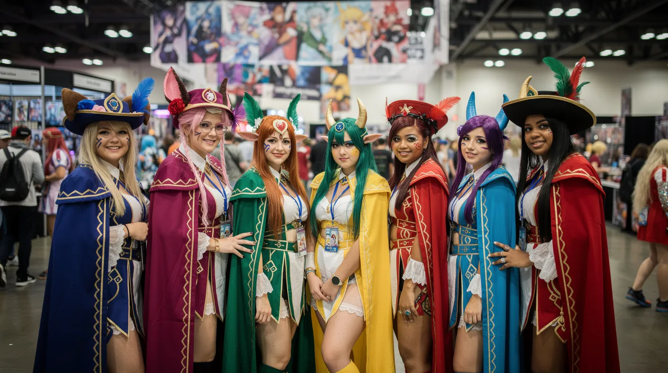 Eine Gruppe von Menschen in fantasievollen Kostümen steht auf einer Anime-Convention, gekleidet in bunte Mäntel und Hüte, während sie aufwändiges Make-up tragen. Die fröhliche Menge erinnert an Charaktere aus Hayao Miyazakis "Das wandelnde Schloss" und verkörpert die Magie und den Zauber der Fantasy-Klassiker.