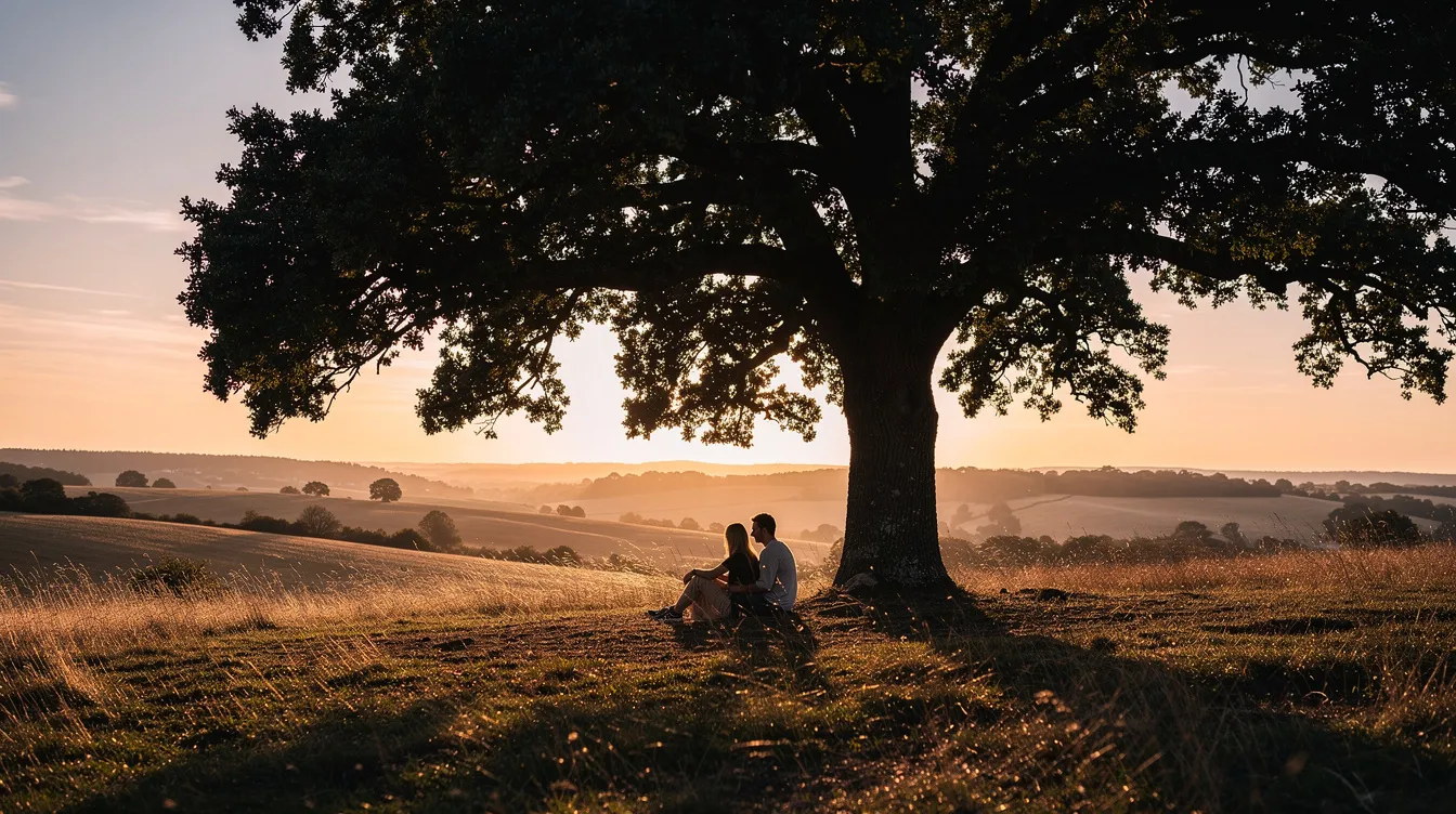 Zwei Silhouetten stehen unter einem großen Eichenbaum im goldenen Abendlicht, während im Hintergrund eine weite, sanft hügelige Landschaft zu sehen ist. Die Szene strahlt eine ruhige und friedliche Atmosphäre aus, die an die Themen von „Forrest Gump“ erinnert.