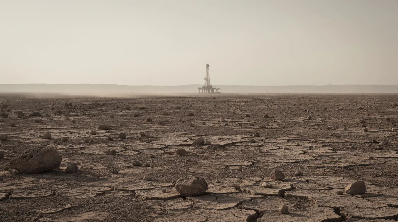 Die Bildbeschreibung zeigt eine weite, karge Wüstenlandschaft mit einem einzelnen Bohrturm, der am Horizont unter einem blassen Himmel steht. Diese Szenerie könnte an die dramatischen Themen von Paul Thomas Andersons Film "There Will Be Blood" erinnern, in dem der Kampf um Öl und Reichtum im Vordergrund steht.