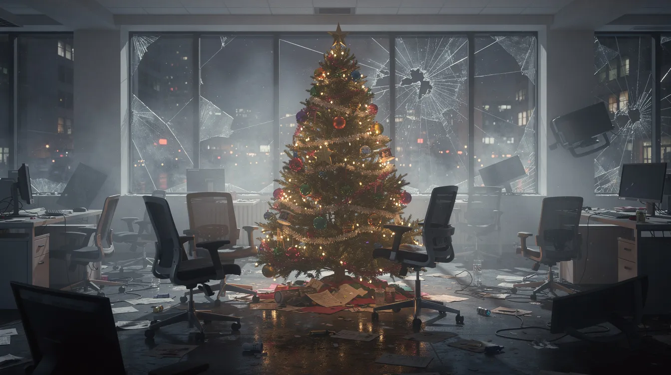 Ein festlich geschmückter Weihnachtsbaum steht in einer dunklen, leicht verrauchten Büroetage, umgeben von zerbrochenen Fenstern und umgeworfenen Möbeln, was an die chaotischen Ereignisse aus dem Actionfilm "Stirb langsam" erinnert, in dem John McClane, gespielt von Bruce Willis, gegen Terroristen kämpft. Die Szenerie vermittelt eine Mischung aus festlicher Stimmung und dramatischer Anspannung.