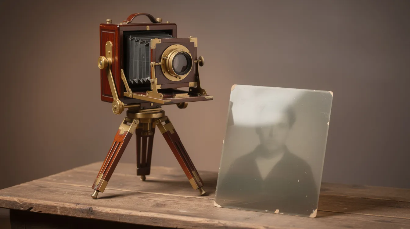 Die Fotografie zeigt einen Nachbau einer historischen Großformatkamera aus Holz und Messing, die auf einem stabilen Stativ montiert ist. Neben der Kamera liegt eine alte Glasplatte mit einem schemenhaften Porträt, das die Geschichte der Analogfotografie und die Technik der Fotografie in vergangenen Zeiten widerspiegelt.