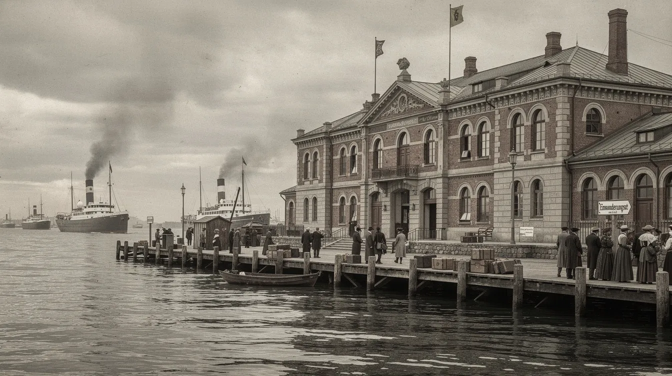 Die Szene zeigt alte Einwanderungsgebäude auf einer Insel, umgeben von Dampfschiffen, die eine historische Atmosphäre um 1900 vermitteln. Diese Kulisse könnte an den Film "Der Pate Teil II" erinnern, in dem die Geschichte von Vito Corleone und seiner Familie erzählt wird.