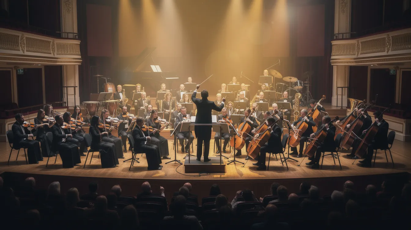 Ein großes Symphonieorchester spielt in einem beeindruckenden Konzertsaal, während die Musiker in schwarzer Kleidung mit verschiedenen Instrumenten ausgestattet sind. Die dramatische Bühnenbeleuchtung verstärkt die Atmosphäre, die an die epischen Klänge von Filmmusik erinnert, wie sie in "Star Wars Episode V: Das Imperium schlägt zurück" zu hören sind.