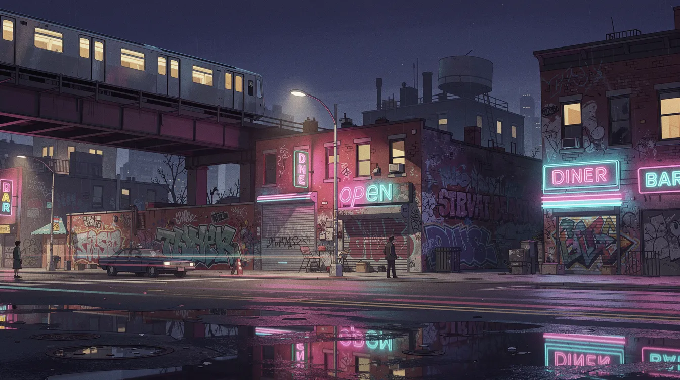 Die stilisierte, animierte Stadtansicht von Brooklyn bei Nacht zeigt eine erhöhte U-Bahn, graffiti-bedeckte Wände und neonbeleuchtete Schilder, während die nassen Straßen die bunten Lichter reflektieren. Diese Szene erinnert an die visuelle Ästhetik von "Spider-Man: A New Universe" und vermittelt das pulsierende Leben in New York City.