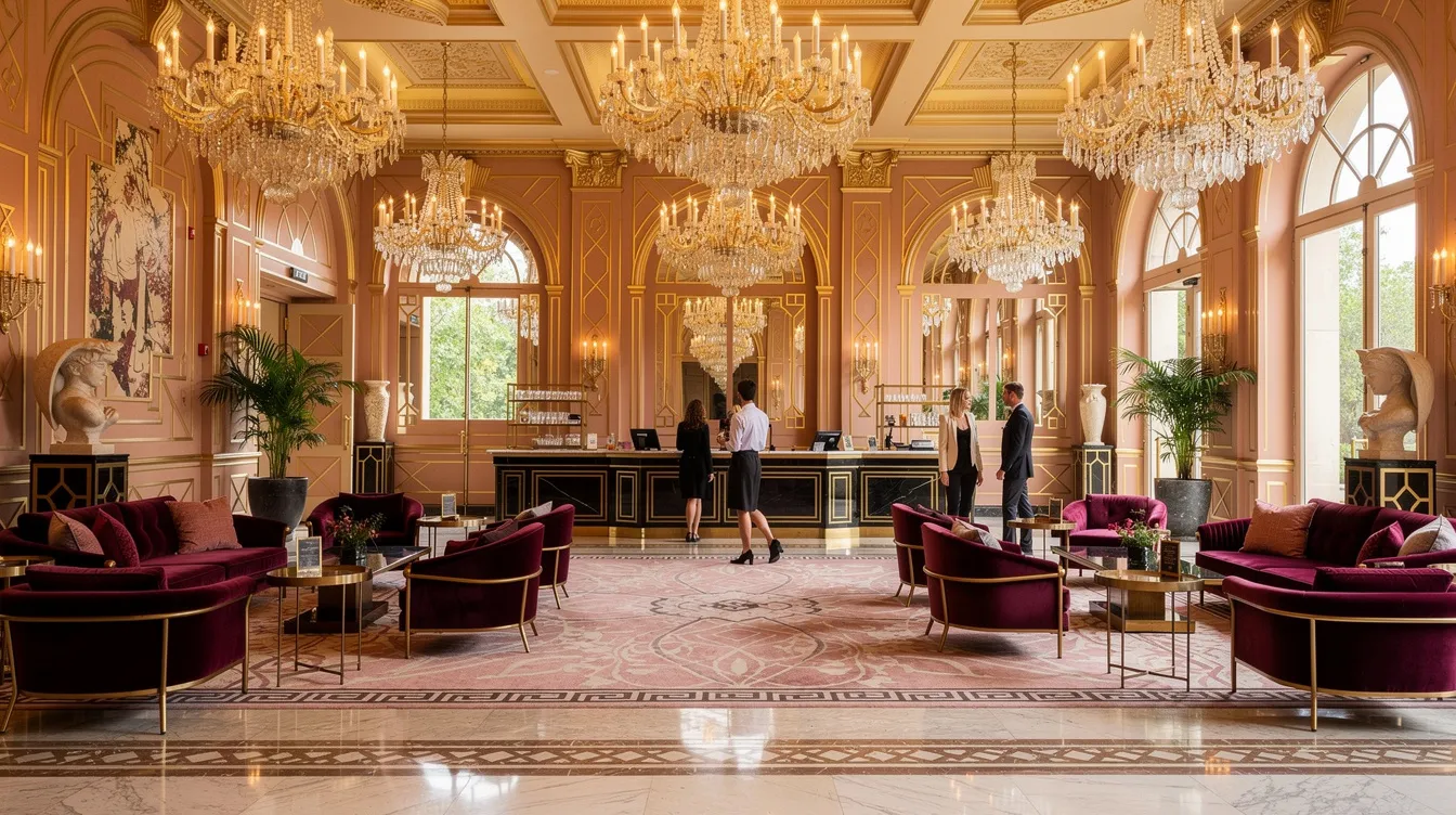 Die opulente Hotellobby im Art-déco-Stil erinnert an das "Grand Budapest Hotel" und besticht durch elegante Kronleuchter, rosafarbene Wände und luxuriöse Teppiche. Diese Atmosphäre vermittelt den Charme und die Raffinesse, die man in einem Film von Wes Anderson erwarten würde.