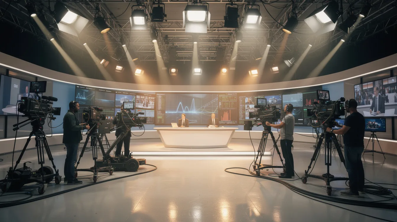 Das Bild zeigt ein Filmstudio, in dem mehrere Kameras, Scheinwerfer und Monitore aufgestellt sind, während eine TV-Produktion läuft. Die Atmosphäre ist geschäftig, da Produzenten und Hauptdarsteller an einem neuen Projekt arbeiten, das möglicherweise als Pilotfolge für eine neue Serie dienen könnte.
