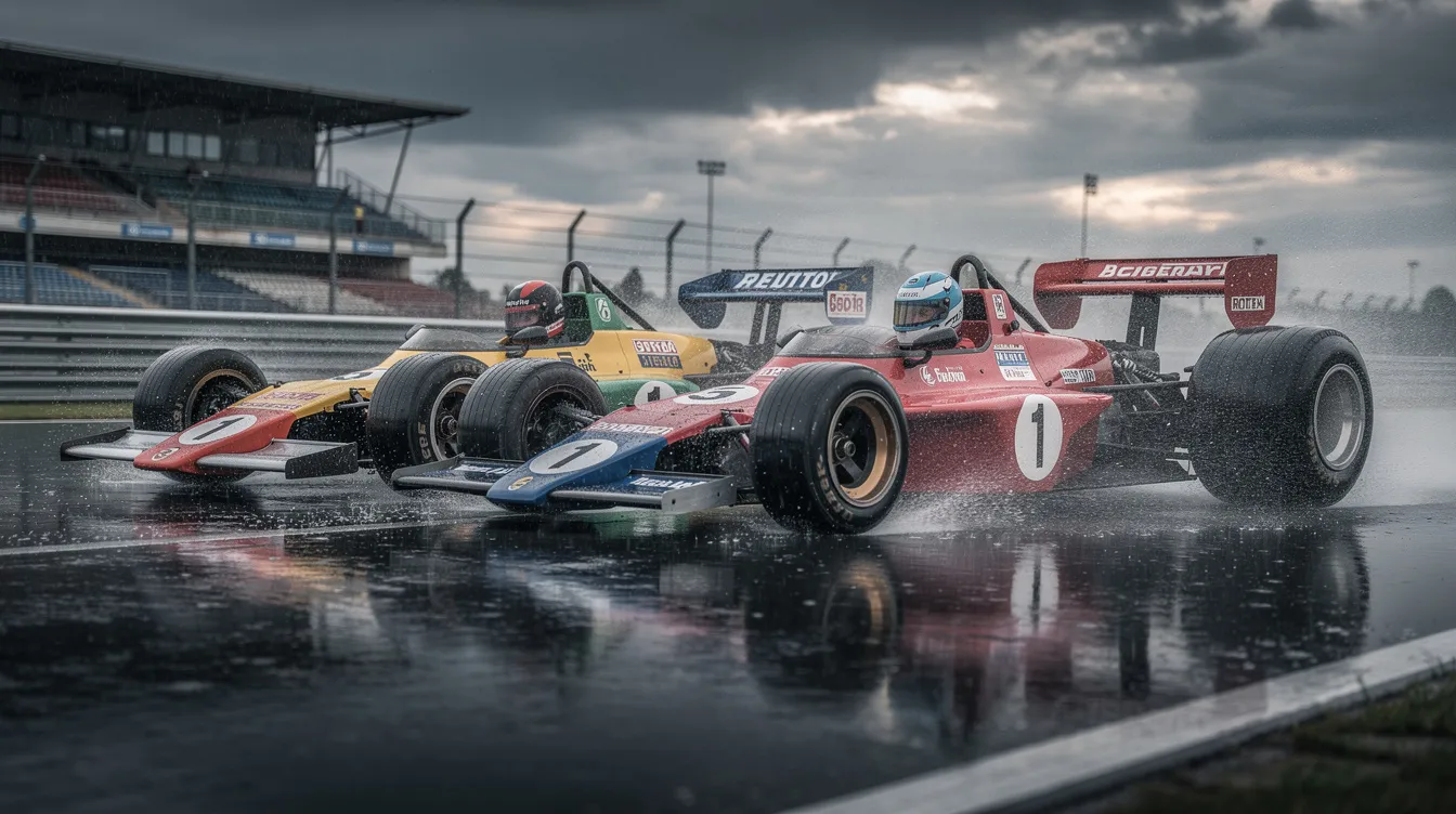 Zwei Formel-1-Rennwagen aus den 1970er Jahren kämpfen Seite an Seite auf einer regennassen Rennstrecke, während Wasserfontänen hinter ihnen aufsteigen und dramatische Wolken den Himmel über ihnen bedecken. Dieses Duell erinnert an die legendäre Rivalität zwischen James Hunt und Niki Lauda, die in dem Film "Rush" eindrucksvoll dargestellt wird.