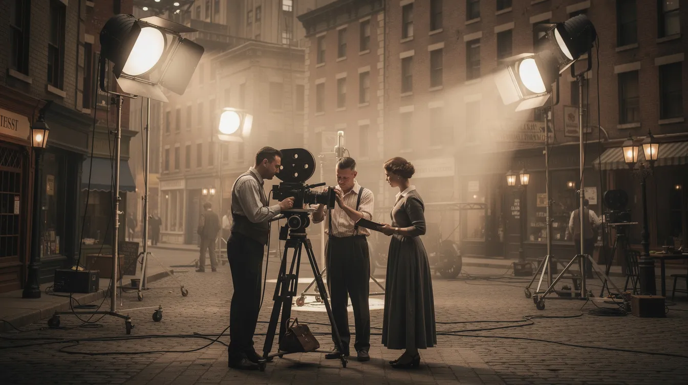 Die Szene zeigt ein Filmstudio im Stil der 1930er Jahre mit großen Kulissen einer Stadtstraße, beleuchtet von hellen Scheinwerfern. Ein kleines Kamerateam ist dabei, die Atmosphäre der "Lichter der Großstadt" einzufangen, während im Hintergrund die Silhouette einer Stadt zu sehen ist, die an die Filme von Charlie Chaplin erinnert.
