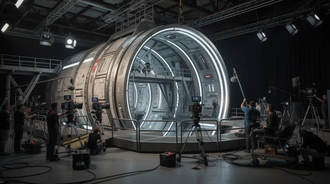 Das Bild zeigt ein großes, rotierendes zylindrisches Setstück in einem Filmstudio, das die Innenansicht einer Raumfahrt-Zentrifuge darstellt. Crewmitglieder und Kameras sind sichtbar, während sich entlang der gebogenen Wände Gehwege erstrecken, die an die futuristischen Designs aus Stanley Kubricks "2001: Odyssee im Weltraum" erinnern.