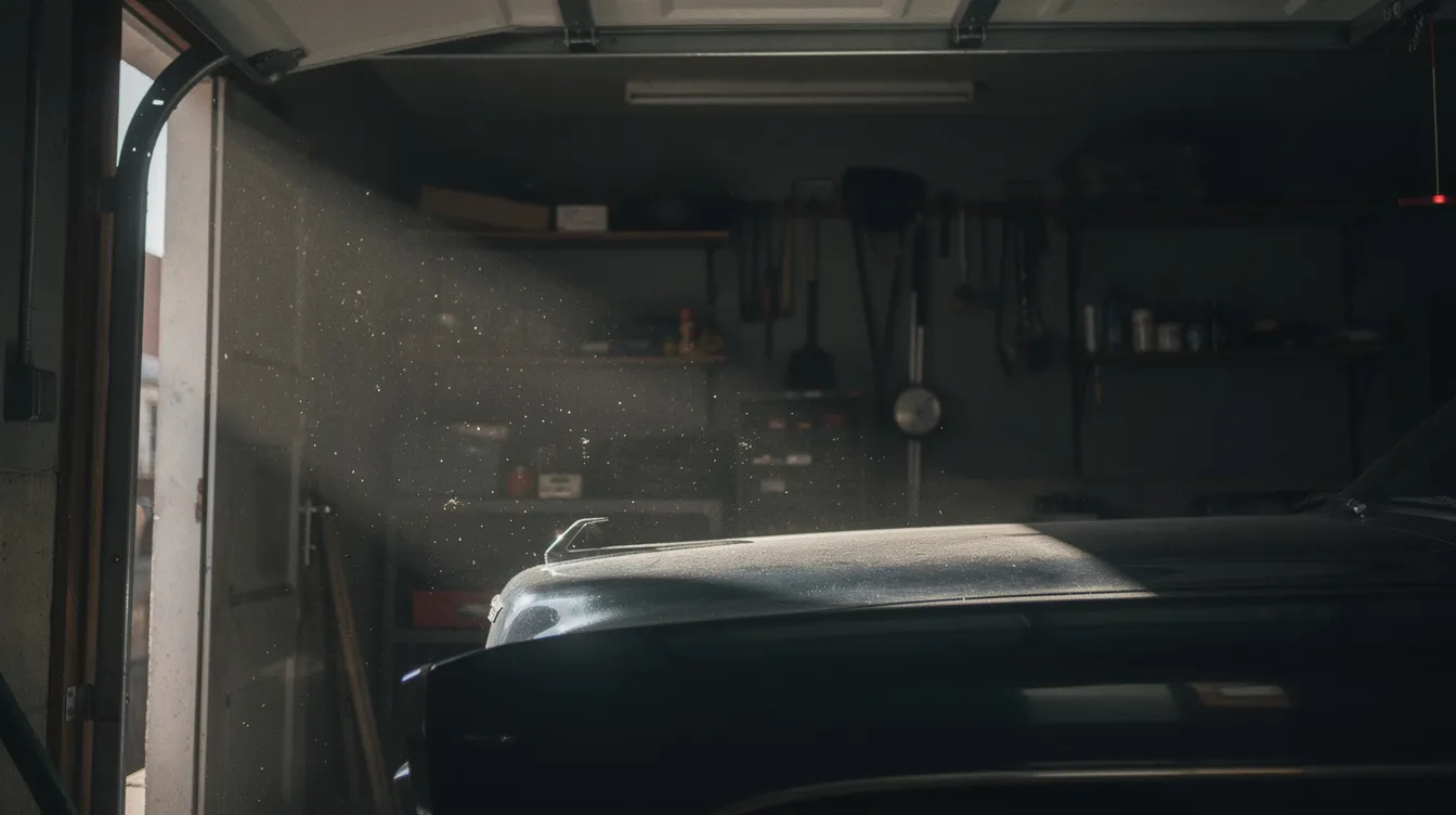 In einem dunklen Garagenraum fällt durch ein halb geöffnetes Tor Licht auf die polierte Motorhaube eines Ford Gran Torino, während Staubpartikel im Lichtstrahl tanzen. Diese Szene könnte an den Koreakriegsveteranen Walt Kowalski aus dem Film "Gran Torino" erinnern, der für seine Verbindung zur Nachbarschaft und seine Geschichte bekannt ist.