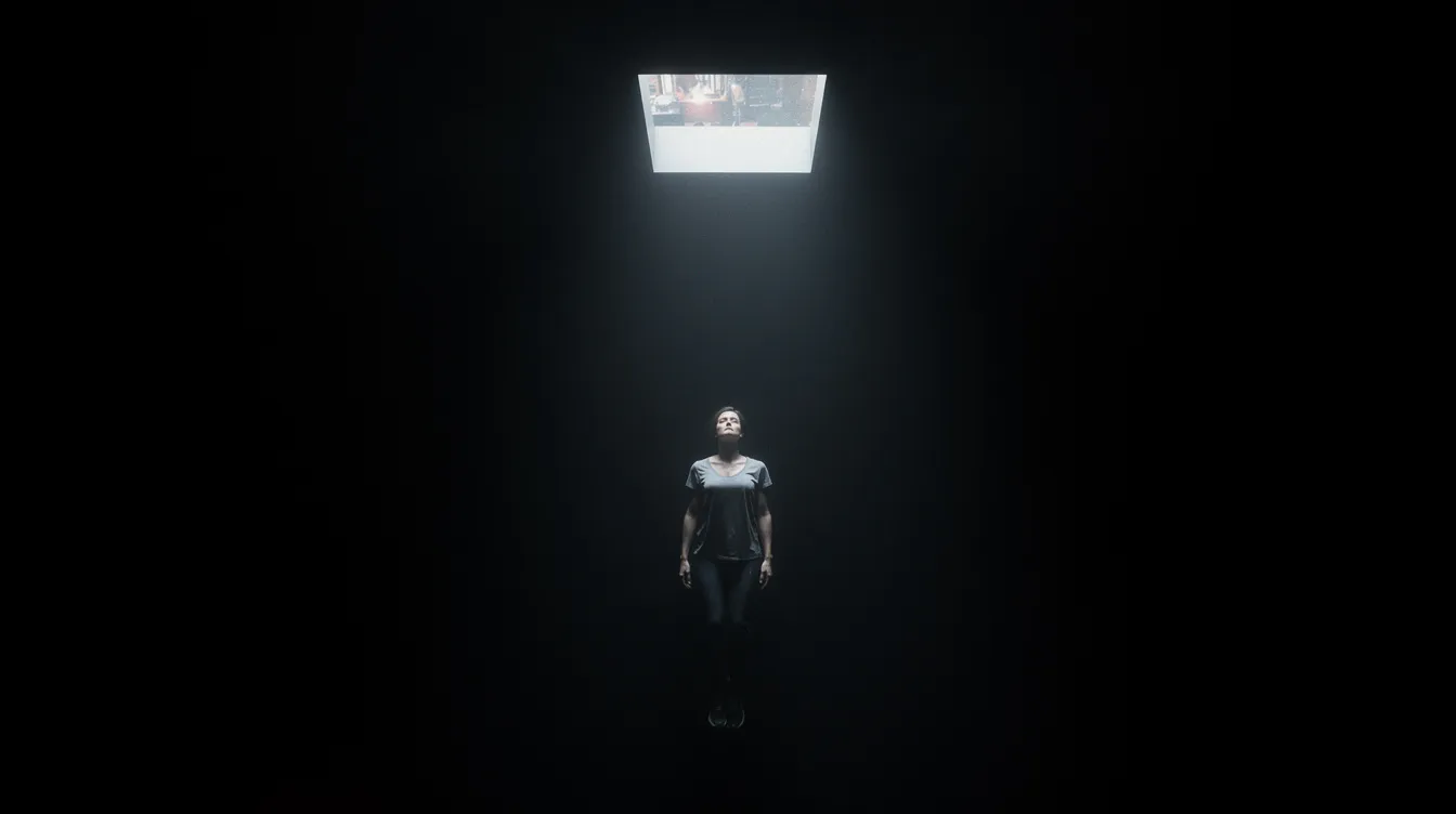 Ein schwarzer Mann schwebt in völliger Dunkelheit, während über ihm ein kleines leuchtendes Rechteck erscheint, das wie ein fernes Fenster in die Realität wirkt. Diese Szene könnte an die düstere Atmosphäre eines Horrorfilms erinnern, in dem Geheimnisse und Rassismus thematisiert werden.