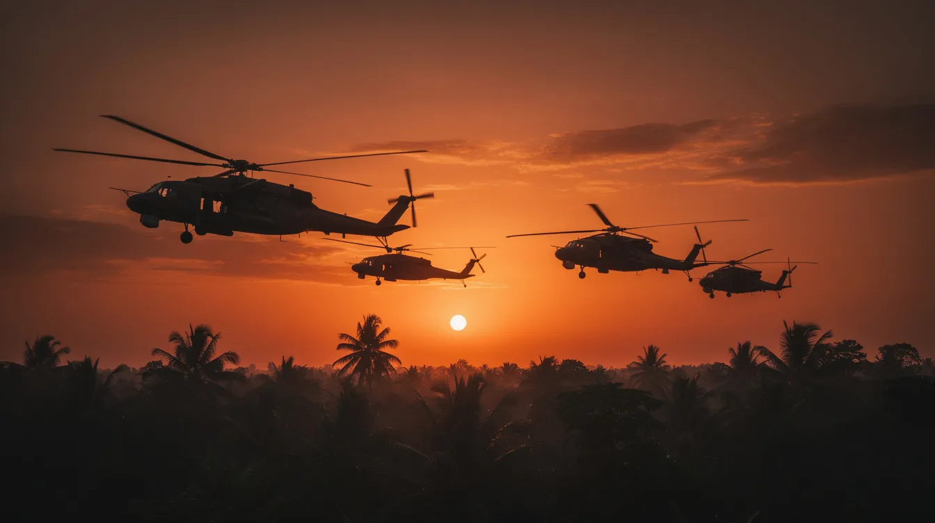 Die Silhouetten von Militärhubschraubern zeichnen sich vor einem intensiv orangefarbenen Abendhimmel ab, während sie über eine dichte, tropische Dschungellandschaft fliegen. Diese Szene erinnert an die eindringliche Atmosphäre des Kriegsfilms "Apocalypse Now", inszeniert von Francis Ford Coppola.