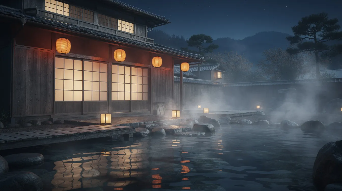 Das Bild zeigt ein traditionelles japanisches Badehaus bei Nacht, das von warmen Laternen erleuchtet wird. Umgeben von Wasser und Dampf vermittelt die Szene eine mystische Atmosphäre, die an die magische Welt aus "Chihiros Reise ins Zauberland" erinnert.
