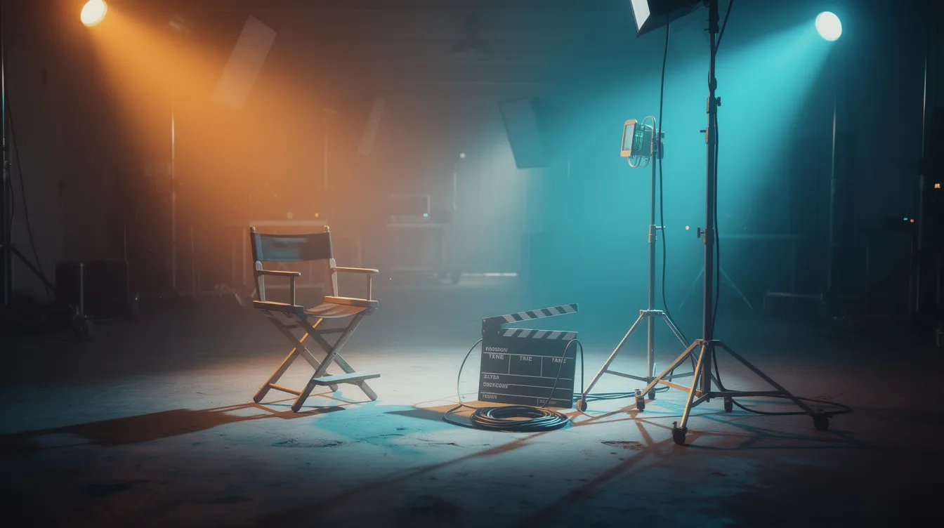 Das Bild zeigt ein Filmset, auf dem ein dramatischer Farbkontrast zwischen warmen und kalten Lichtzonen herrscht. Schatten fallen über die Requisiten im Vordergrund, was eine spannende Vorahnung für die bevorstehenden Ereignisse in der Erzählung vermittelt.