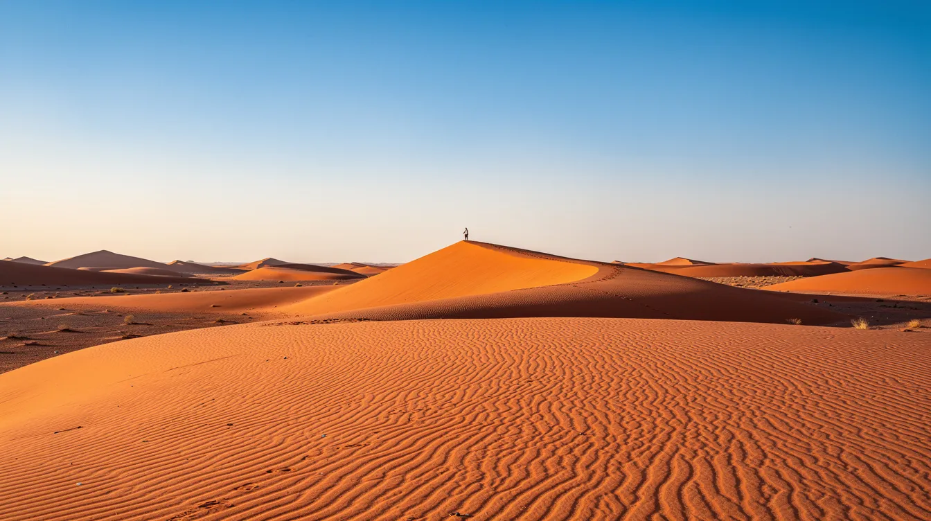 Die Weite der Wüstenlandschaft zeigt orangefarbene Sanddünen unter einem klaren Himmel, während eine einzelne Silhouette am Horizont zu sehen ist, die an die epischen Szenen aus dem Klassiker "Lawrence von Arabien" erinnert. Diese beeindruckende Aufnahme vermittelt ein Gefühl von Einsamkeit und Abenteuer in der Wüste, die oft in Filmen und Analysen thematisiert wird.