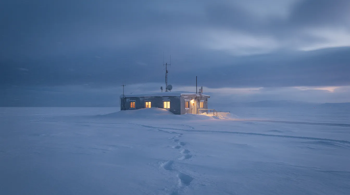 In der menschenleeren Schneewüste am Südpol steht ein einzelnes Gebäude, aus dessen kleinen Fenstern warmes, gelbes Licht strahlt. Umgeben von blauem Dämmerungslicht und aufgewirbeltem Schnee erinnert die Szenerie an einen klassischen Science-Fiction-Horrorfilm wie "The Thing" von John Carpenter.