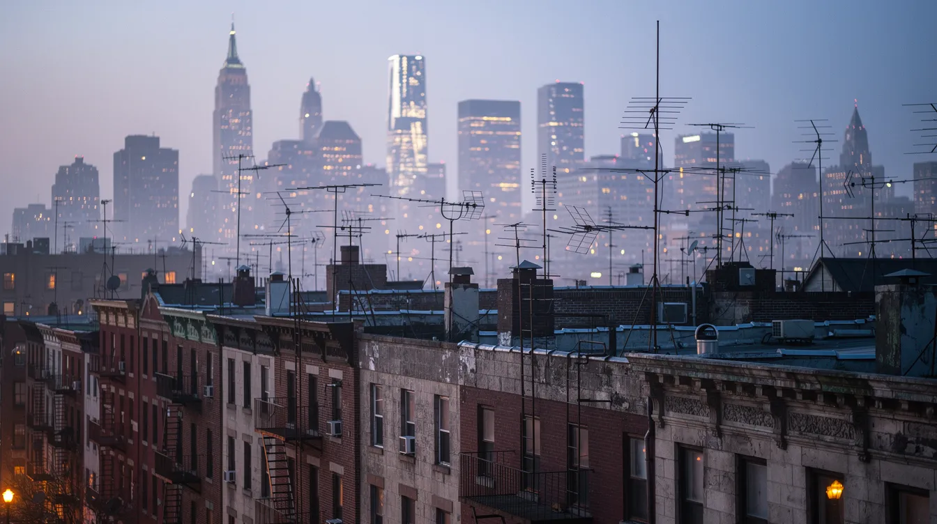 Die Skyline von New York City bei Dämmerung zeigt zahlreiche alte Gebäude, deren Dächer mit TV-Antennen geschmückt sind, während die Lichter der Stadt langsam aufleuchten und eine filmische Atmosphäre schaffen. Diese Szene erinnert an die eindrucksvollen Geschichten von Nachrichtensprechern wie Howard Beale und den Einfluss des Fernsehens auf die Gesellschaft.