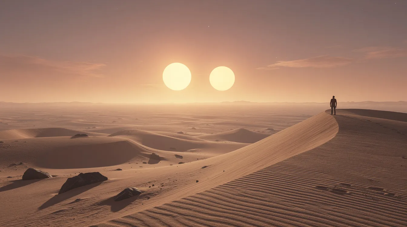 Die Weite der Wüstenlandschaft zeigt sanddünenähnliche Hügel im Vordergrund, während am Horizont zwei Sonnen scheinen. Ein einzelner Mensch, der an den Rand der Szene tritt, blickt nachdenklich in den Himmel, was an die Abenteuer von Luke Skywalker auf dem Wüstenplaneten Tatooine aus "Star Wars Episode IV: Eine neue Hoffnung" erinnert.