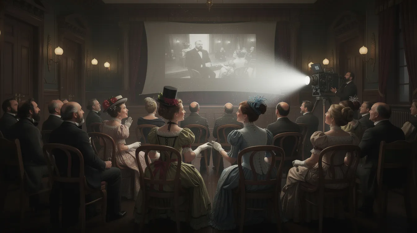 In einem historischen Saal, der sanft verdunkelt ist, projiziert ein früher Filmprojektor Licht auf eine Leinwand, während ein staunendes Publikum in eleganter Kleidung des späten 19. Jahrhunderts gebannt zusieht. Diese Szene fängt die Geburtsstunde des Kinos ein, als Pioniere wie die Brüder Lumière und Emil Skladanowski ihre Erfindungen präsentierten.