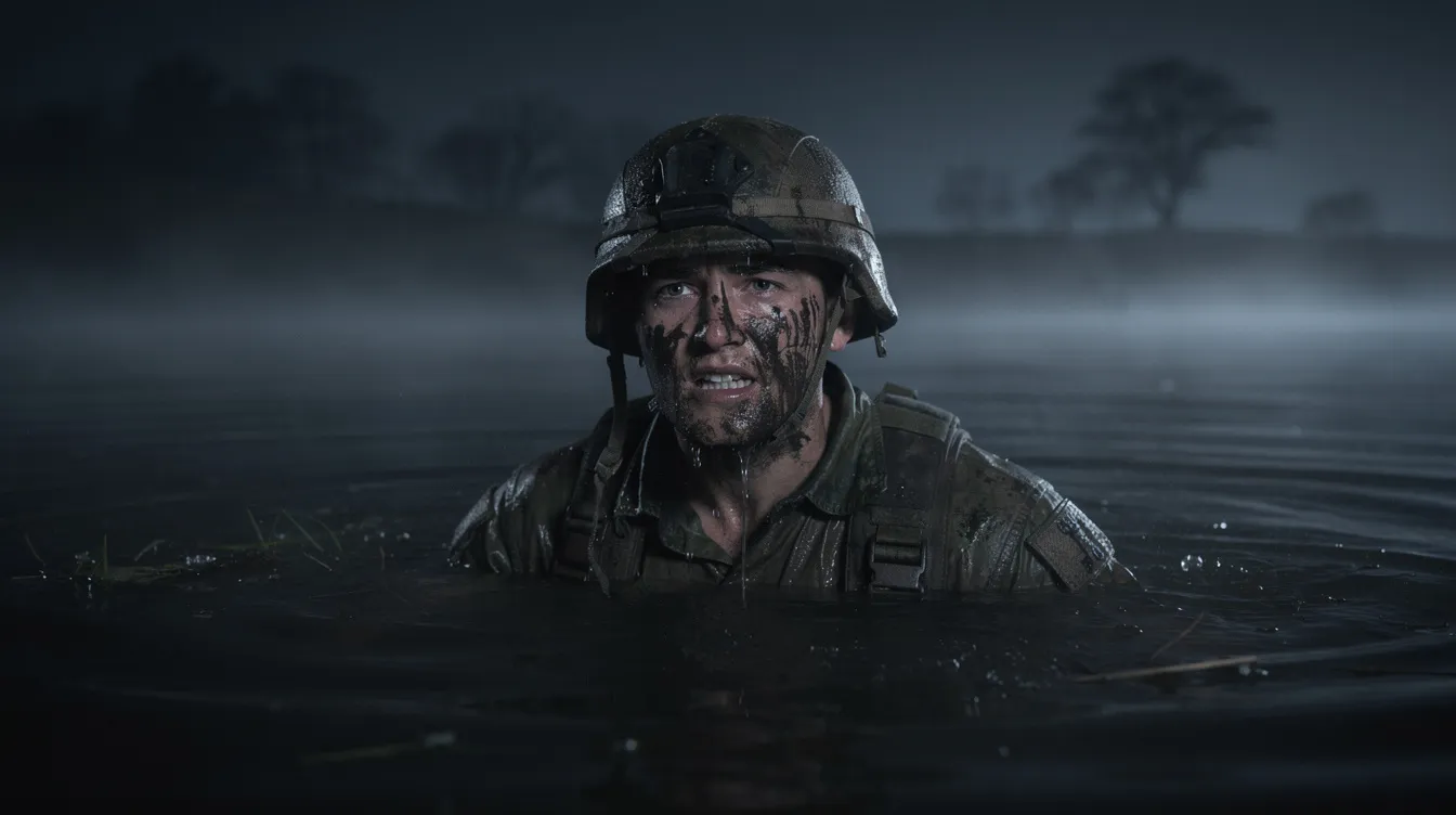 Eine einzelne Soldatenfigur taucht aus einem dunklen, nebligen Flusswasser auf, das Gesicht mit Schlamm und Tarnfarbe bedeckt, was an die düstere Atmosphäre von Francis Ford Coppolas Kriegsfilm "Apocalypse Now" erinnert. Die Szene vermittelt ein Gefühl von Verzweiflung und Kampf, während die Figur in die ungewisse Dunkelheit des Dschungels eintaucht.