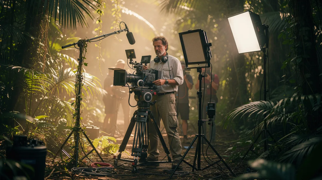 Ein Filmregisseur steht mit seiner Kamera und Ausrüstung inmitten üppiger tropischer Vegetation, während er an einer aufwendigen Filmproduktion arbeitet, die an den klassischen Kriegsfilm "Apocalypse Now" erinnert. Die Szene vermittelt das Gefühl von Intensität und Kreativität im Dschungel, wo die Dreharbeiten stattfinden.