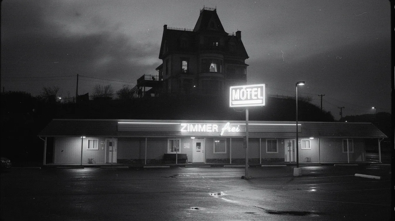 Das Bild zeigt ein düsteres viktorianisches Haus auf einem Hügel, umgeben von nächtlicher Dunkelheit, während darunter ein flaches Motel mit leuchtender Neonreklame zu sehen ist. Die Schwarzweiß-Fotografie erinnert an den Stil der 1960er Jahre und vermittelt eine geheimnisvolle Atmosphäre, die an Hitchcock-Filme erinnert.