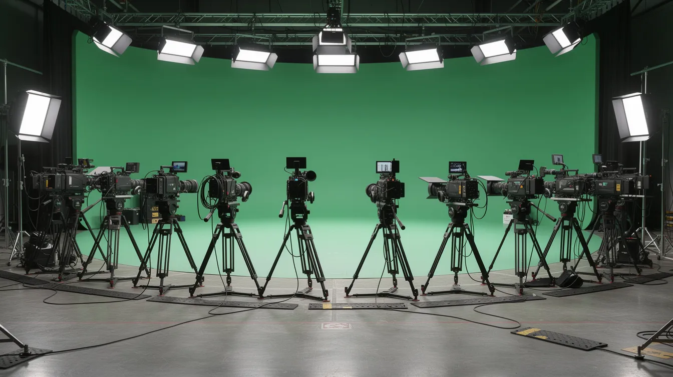 Auf dem Filmset sind zahlreiche Kameras in einem Halbkreis auf Stativen angeordnet, während im Hintergrund ein Greenscreen steht. Diese Inszenierung bietet eine ideale Kulisse für die Produktion von Science-Fiction-Filmen, ähnlich den Klassikern der Matrix-Reihe mit Figuren wie Neo und Morpheus.