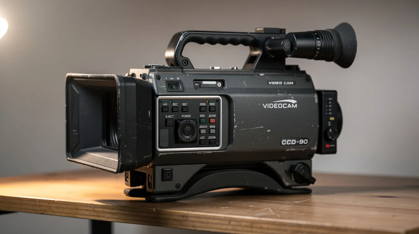 Die Nahaufnahme zeigt eine ältere CCD-Schulterkamera aus den 1990er Jahren, die auf einem Regal steht. Sie verfügt über einen Kassetteneinschub und einen analogen Sucher, was auf die typische Bauweise von Schulterkameras dieser Zeit hinweist.