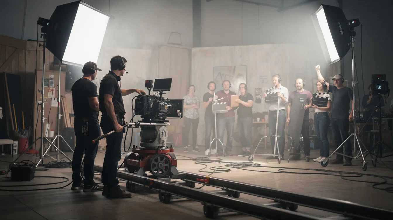 Das Bild zeigt ein lebhaftes Filmset mit einer Kamera auf Dolly-Schienen, während Crew-Mitglieder mit Kopfhörern und Klapptafeln beschäftigt sind. Scheinwerfer beleuchten die Szene und schaffen eine spannende Atmosphäre, die an die Welt des Kinos erinnert.