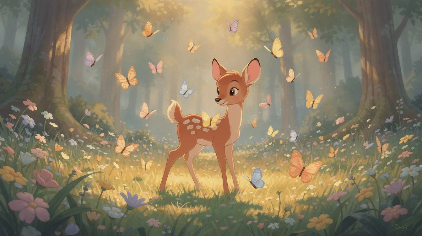 Die stilisierte Waldszene zeigt ein junges Rehkitz auf einer blühenden Lichtung, umgeben von bunten Schmetterlingen und warmem Licht, das an klassische Disney-Animationshintergründe erinnert. Diese friedliche Darstellung vermittelt eine zauberhafte Stimmung und lädt zum Träumen ein.