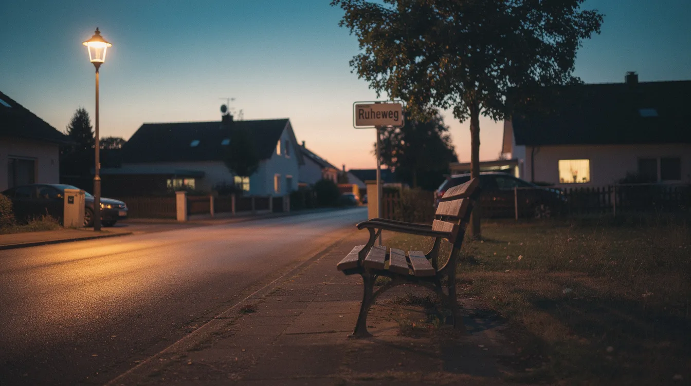 Die leere Parkbank steht in einer stillen Vorstadtstraße, während die Abenddämmerung lange Schatten auf den Asphalt wirft. Das warme Licht einer einzelnen Straßenlaterne schafft eine ruhige Atmosphäre, die an die langsame Erzählweise von Fortsetzungsserien erinnert, in denen sich Charaktere und Geschichten allmählich entfalten.