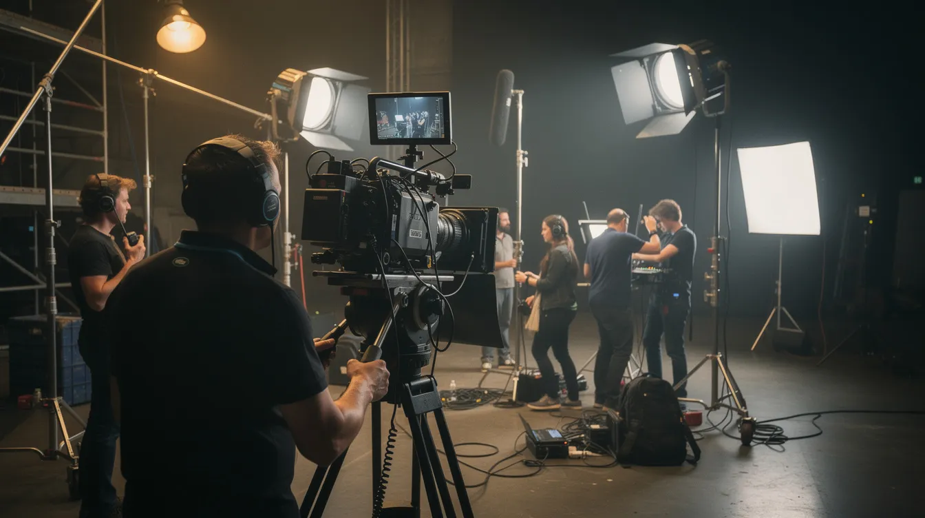 Eine Filmcrew ist bei Dreharbeiten in einem Studio zu sehen, umgeben von Scheinwerfern und technischem Equipment. Die Atmosphäre ist geschäftig, während die Produzenten an einem neuen Projekt arbeiten, das möglicherweise als Pilot für eine zukünftige TV-Serie dienen könnte.