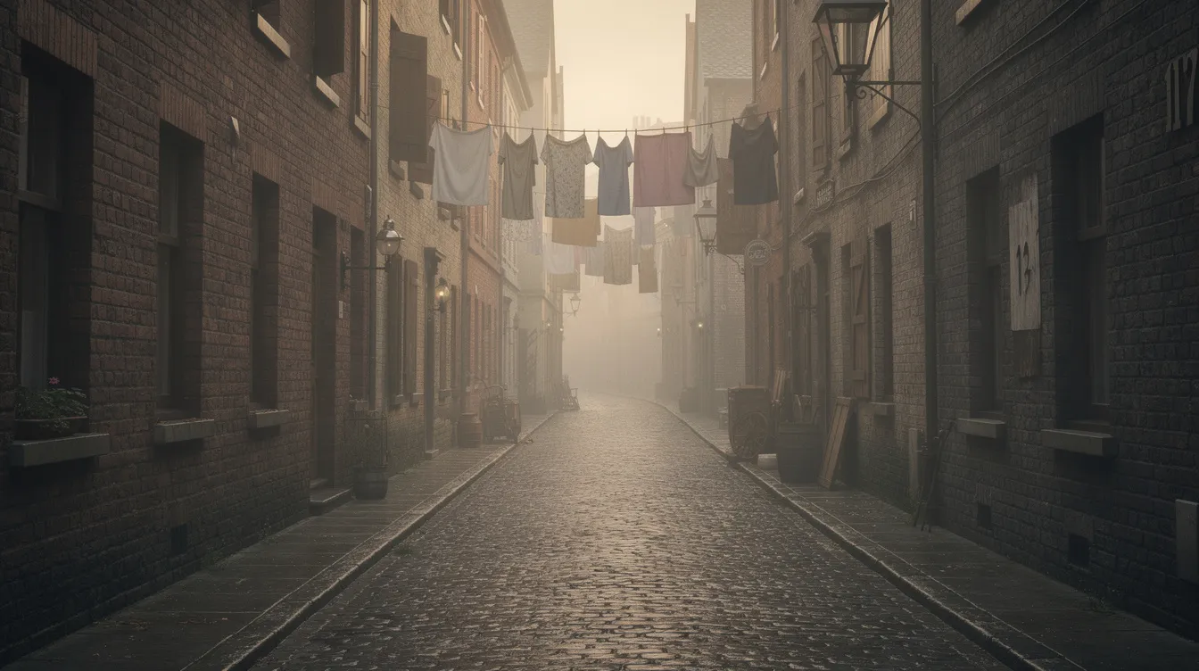 Die atmosphärische Aufnahme zeigt eine enge Gasse mit Kopfsteinpflaster und Backsteinhäusern im Stil der 1920er Jahre, beleuchtet von diffusem Licht. Wäscheleinen spannen sich zwischen den Gebäuden und vermitteln das Gefühl von Leben und Gemeinschaft in einem Viertel, das an die Geschichte von "Once Upon a Time in America" erinnert.