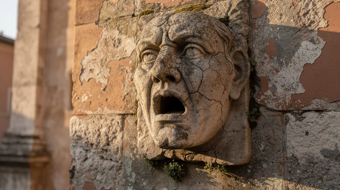 Ein antikes steinernes Gesichtsrelief mit offenem Mund ist an einer verwitterten Kirchenwand in Rom zu sehen, das die Geschichte und den Charme der ewigen Stadt widerspiegelt. Diese Darstellung könnte an die romantischen Szenen aus dem Klassiker "Roman Holiday" erinnern, in dem Audrey Hepburn und Gregory Peck durch die Straßen Roms reisen.