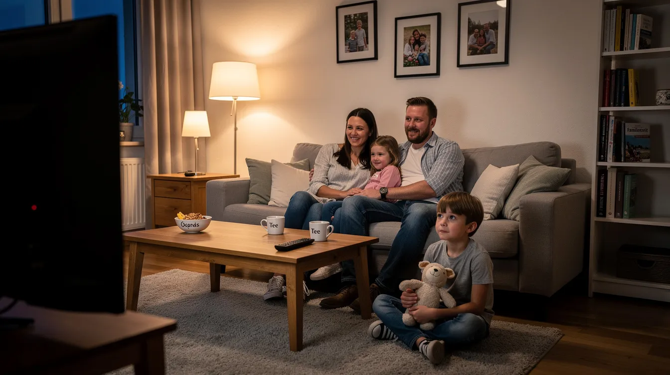 Eine Familie bestehend aus einem Vater, einer Mutter, einer 8-jährigen Tochter und einem 6-jährigen Sohn sitzt gemeinsam im Wohnzimmer vor dem Fernseher und schaut einen Kinderfilm. Die Atmosphäre ist gemütlich und familiär, während sie sich auf einen spannenden Filmabend mit Abenteuern und Märchen freuen.