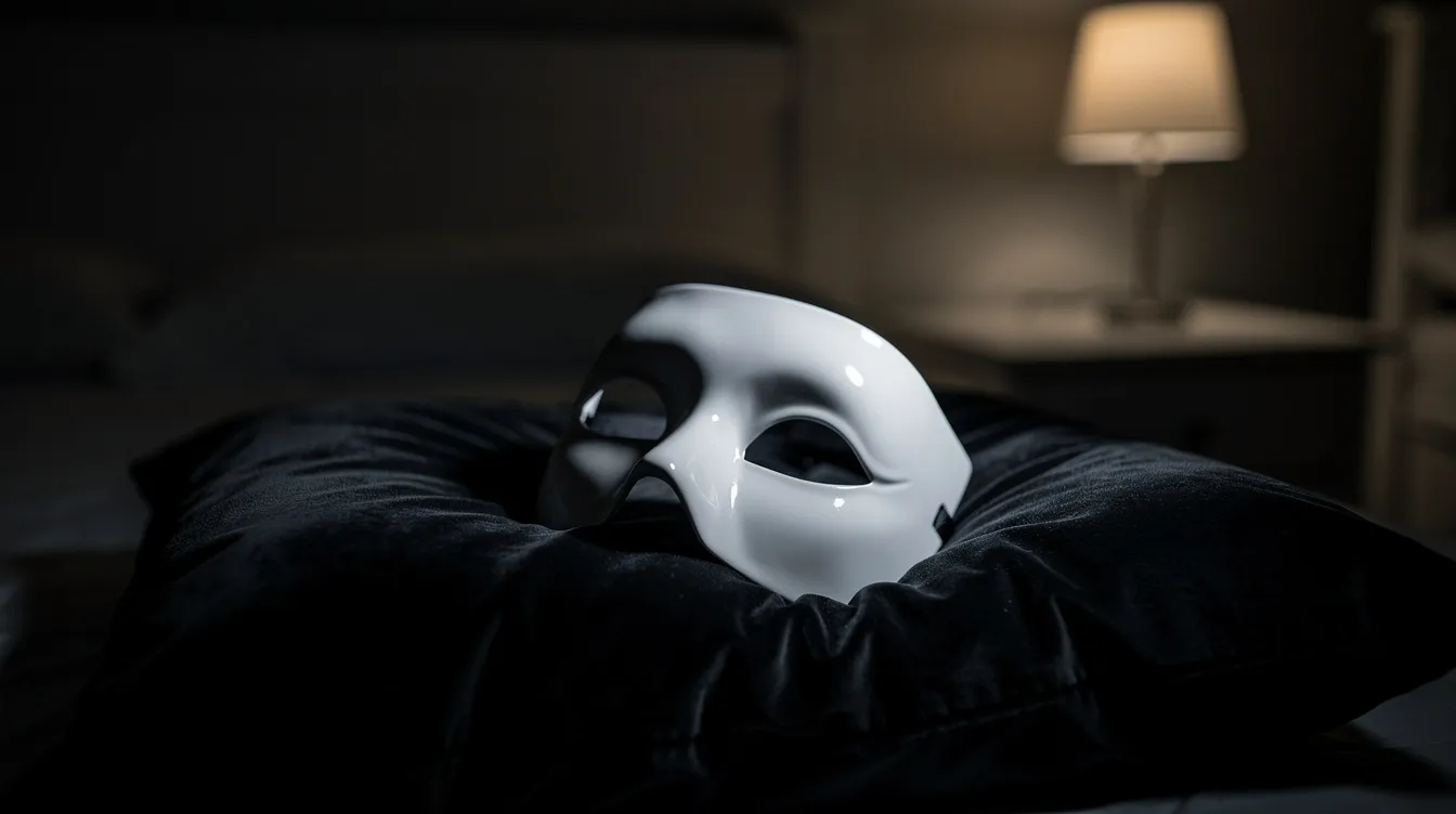Eine elegante, weiße venezianische Maske liegt auf einem dunklen Kopfkissen in einem schwach beleuchteten Schlafzimmer, das an die geheimnisvollen und traumhaften Elemente von Stanley Kubricks Film "Eyes Wide Shut" erinnert. Die Atmosphäre strahlt eine geheimnisvolle Stimmung aus, die die Sehnsüchte und Gedanken der Protagonisten widerspiegelt.