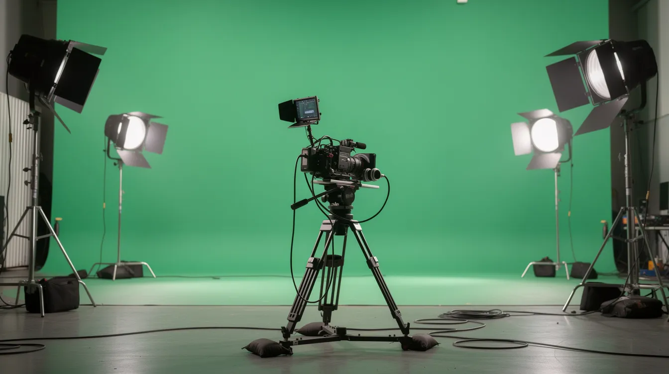 Das Bild zeigt ein Filmset mit einem großen grünen Hintergrund, auf dem Scheinwerfer und eine Filmkamera auf einem Stativ im Vordergrund platziert sind. Die Szene ist ideal für die Produktion von Animationen und Filmen, wobei die Bildqualität und das Aufnahmeformat entscheidend sind.