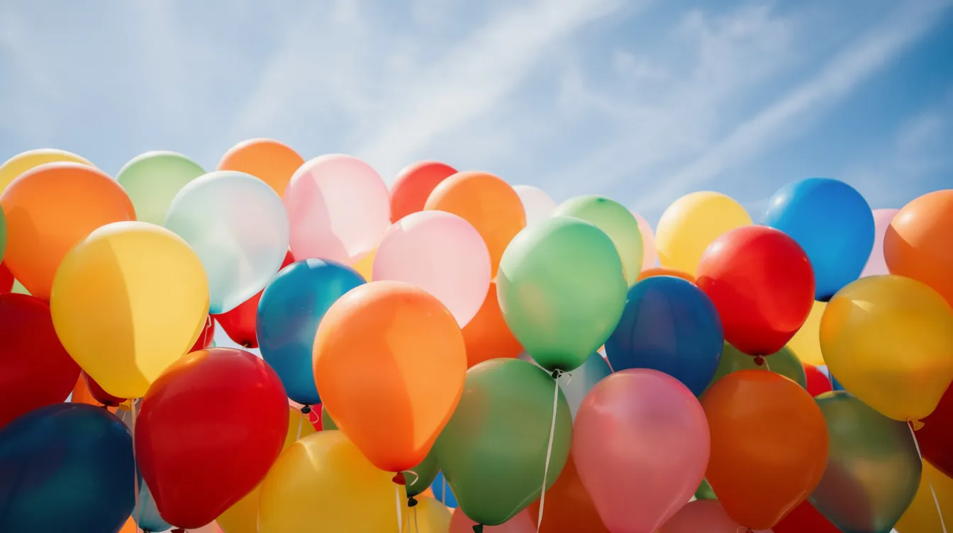 Eine Nahaufnahme zeigt hunderte bunte Heliumballons, die dicht beieinander vor einem strahlend blauen Himmel mit weißen Wolken schweben. Diese lebhaften Ballons erinnern an die Kindheitsträume und Abenteuer, die im Pixar-Film "Up" dargestellt werden.