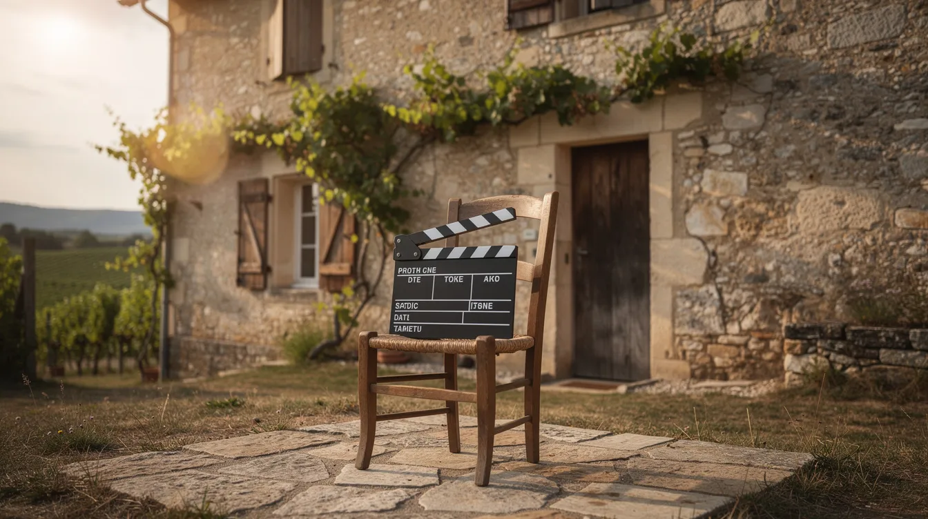 Auf einem Holzstuhl vor einem alten Steingebäude in einer ländlichen französischen Umgebung mit Weinreben liegt eine Filmklappe. Diese Szenerie könnte an die Atmosphäre des Films "Die Kinder des Monsieur Mathieu" erinnern, in dem Musik und das Leben im Internat zentrale Themen sind.