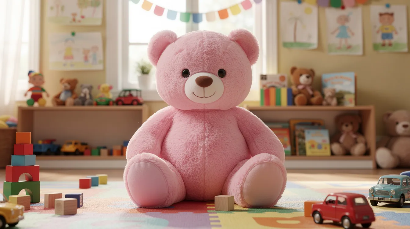 Ein plüschiger rosafarbener Teddybär mit einem freundlichen Gesicht sitzt in einem bunten Kindergartenraum, der voller Spielsachen ist. Der Raum erinnert an die fröhliche Atmosphäre der Sunnyside Daycare aus dem Film "Toy Story 3", wo Kinder und ihre Spielzeuge Abenteuer erleben.