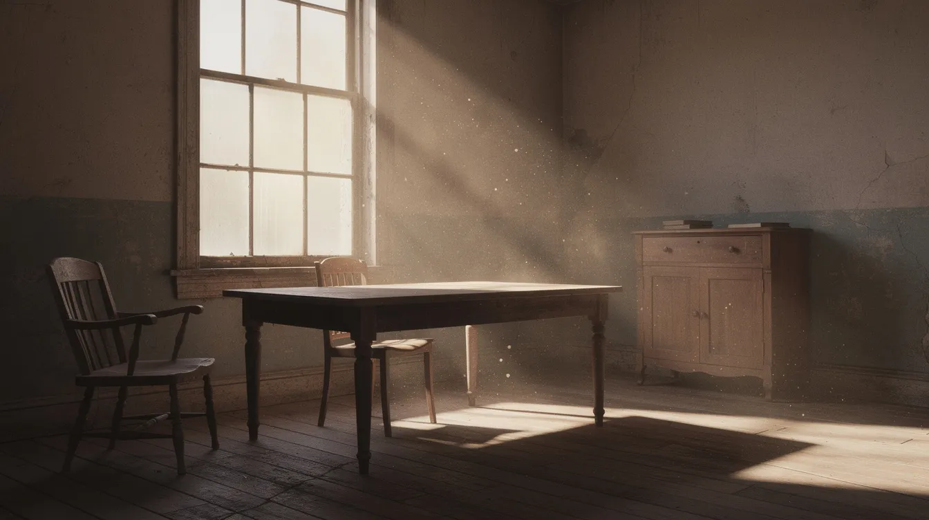 Das Bild zeigt einen leeren Raum mit alten Holzmöbeln, durch ein großes Fenster strömt dramatisches Licht und Staubpartikel tanzen in der Luft. Diese Atmosphäre erinnert an die Filmgeschichte von "Once Upon a Time in America" und vermittelt ein Gefühl von Nostalgie und Vergänglichkeit.