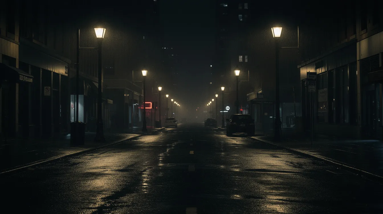 Die dunkle, stimmungsvolle Aufnahme zeigt eine städtische Straße bei Nacht, beleuchtet von Straßenlaternen, die harte Schatten auf den Asphalt werfen. Diese Szenerie könnte an die düstere Atmosphäre in Filmen wie "American History X" erinnern, in denen Themen wie Gewalt und gesellschaftliche Probleme behandelt werden.